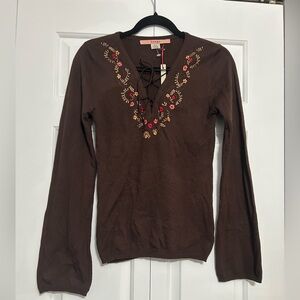 Vintage Y2K BONGO Brown Lace-Up V-Neck Sweater with Floral Embroidery NWT